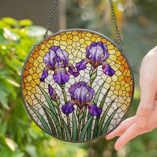 Detailed Purple Iris Stained Glass Flowers Tiffany Style Mosaic Window Decor Gift Stained Glass Suncatcher
