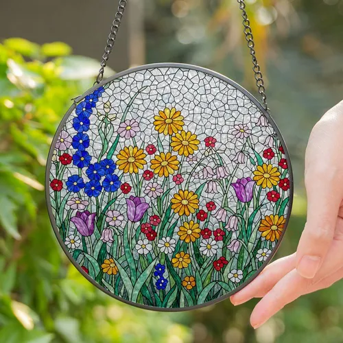 Stained Glass Wildflower Meadow Garden Mosaic - Orange Yellow Blue Purple Tulip Decor Stained Glass Suncatcher