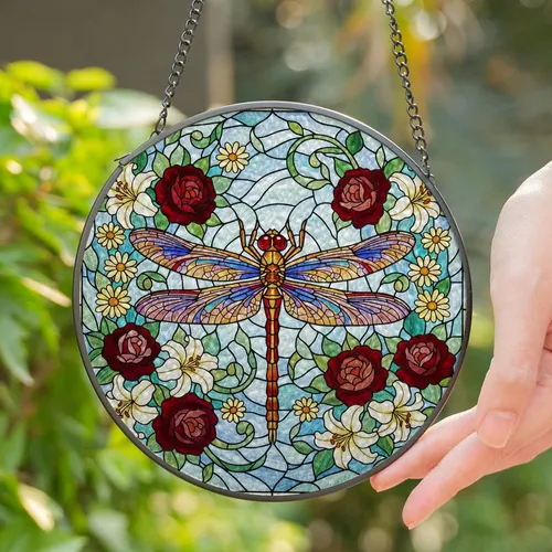 Dragonfly Tiffany Style Stained Glass Art Multi-Color Wings Jewel Tone Flowers Decor Stained Glass Suncatcher