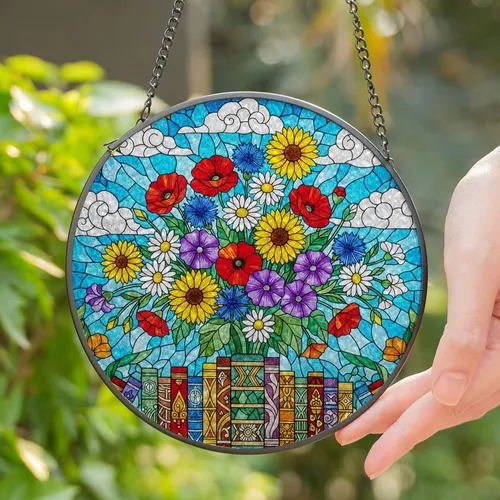 Stained Glass Flower Bouquet Colorful Book Spines Tiffany Style - Jewel Tone Sky Mosaic Stained Glass Suncatcher