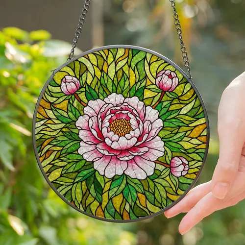 Peony Flower Stained Glass Tiffany Style Jewel Tone Mosaic Floral Home Decor Art Stained Glass Suncatcher