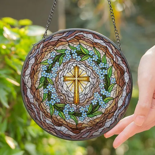 Golden Cross Forget-Me-Not Tiffany Stained Glass Jewel Tones High Contrast Intricate Mosaic Stained Glass Suncatcher