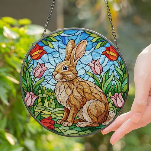Stained Glass Light Brown Rabbit Tulip Flowers Green Foliage Blue Sky Mosaic Background Stained Glass Suncatcher