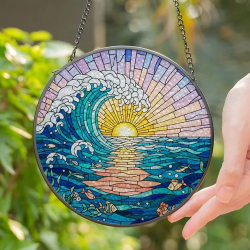 Cresting Ocean Wave Sunset Stained Glass Seascape - Tiffany Jewel Tone Mosaic Art Stained Glass Suncatcher