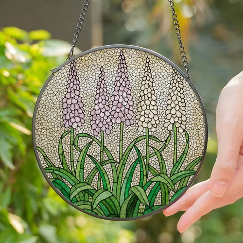 Stained Glass Flowering Stalks Pink Purple White Blossoms Green Leaves Mosaic Window Decor Stained Glass Suncatcher