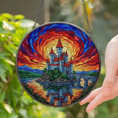 Stained Glass Castle Island Sunset Sky Reflections - Tiffany Style Jewel Tone Art Decor Gift Stained Glass Suncatcher