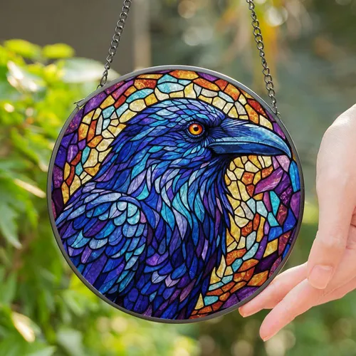 Iridescent Blue Purple Raven Head Stained Glass Mosaic with Orange Eye - Tiffany Style Art Stained Glass Suncatcher