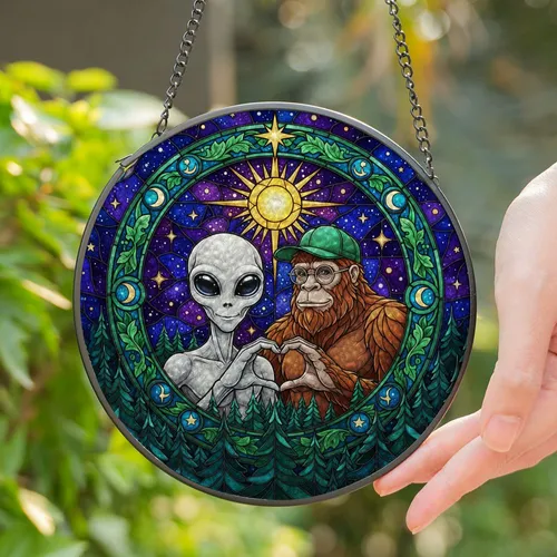 Grey Alien Bigfoot Heart Hands - Stained Glass Starry Night Forest Mosaic Art Stained Glass Suncatcher