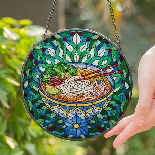 Colorful Ornate Noodle Bowl Stained Glass Art with Chopsticks, Broccoli & Mosaic Leaves Stained Glass Suncatcher