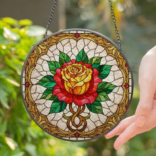Detailed Stained Glass Blooming Rose Tiffany Style Mosaic Window Art Decor Gift Stained Glass Suncatcher