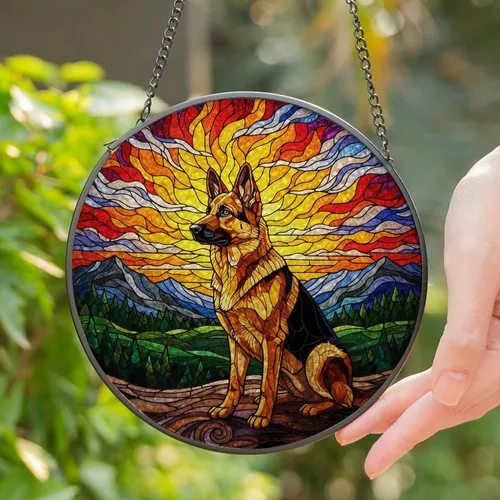 German Shepherd Dog Stained Glass Mosaic Sunset Mountains - Tiffany Style Art Gift Stained Glass Suncatcher