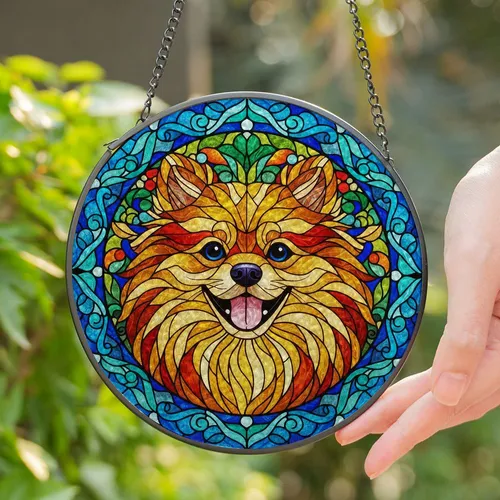 Smiling Pomeranian Dog Stained Glass Jewel Tone Art - Colorful Intricate Pet Lover Gift Stained Glass Suncatcher