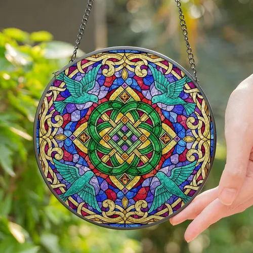Celtic Square Knot Birds Stained Glass Mosaic Art - Tiffany Style Interlace Foliate Scroll Stained Glass Suncatcher