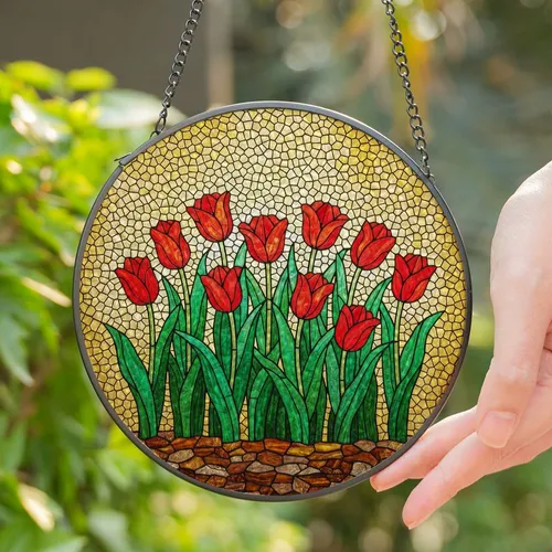 Red Tulips Tiffany Glass Mosaic - Sunlit Garden Floral Decor with Jewel Tones Stained Glass Suncatcher