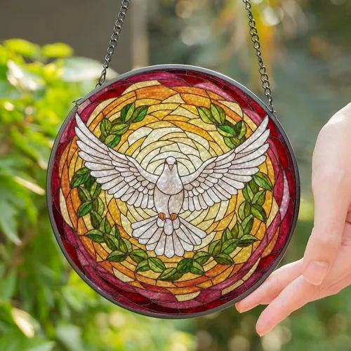 Majestic White Dove Tiffany Stained Glass - Leaf Garland Mosaic Sunset Sky Translucent Stained Glass Suncatcher