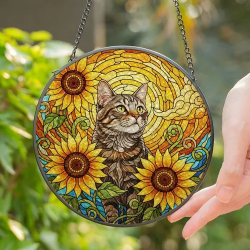 Realistic Curious Brown Gray Tabby Cat Sunflowers Tiffany Stained Glass Swirling Sky Mosaic Stained Glass Suncatcher