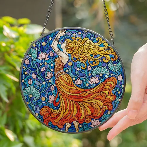 Ornate Woman Dancer Stained Glass Art - Flowing Hair, Skirt, Floral & Tiffany Mosaic Stained Glass Suncatcher