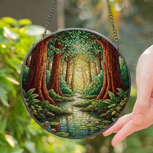 Stained Glass Redwood Sequoia Forest Stream - Sunbeams, Jewel Tones & Intricate Canopy Art Stained Glass Suncatcher