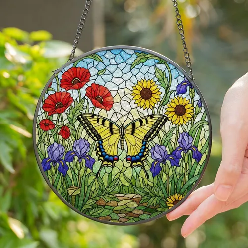 Swallowtail Butterfly Poppy Iris Sunflower Intricate Floral Stained Glass Mosaic Stained Glass Suncatcher