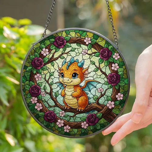 Baby Dragon Tiffany Stained Glass with Gnarled Branch, Roses & Verdant Forest Art Stained Glass Suncatcher
