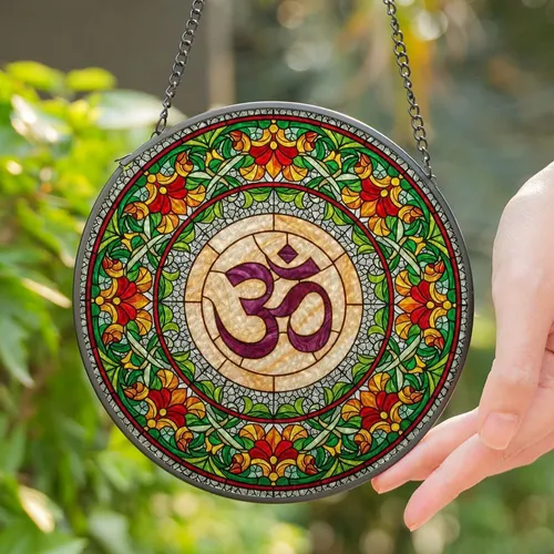 Om Symbol Stained Glass Floral Art – Spiritual Meditation Tiffany Mosaic Design Stained Glass Suncatcher