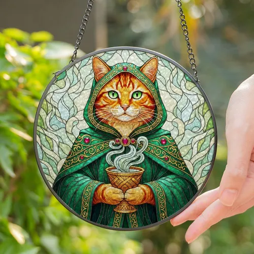 Orange Tabby Cat Stained Glass Emerald Cloak Tiffany Style Art Ethereal Mosaic Back Stained Glass Suncatcher
