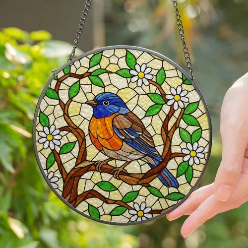 Colorful Robin Bird Orange Breast Blue Head Tiffany Stained Glass Mosaic Warm Yellow Art Stained Glass Suncatcher