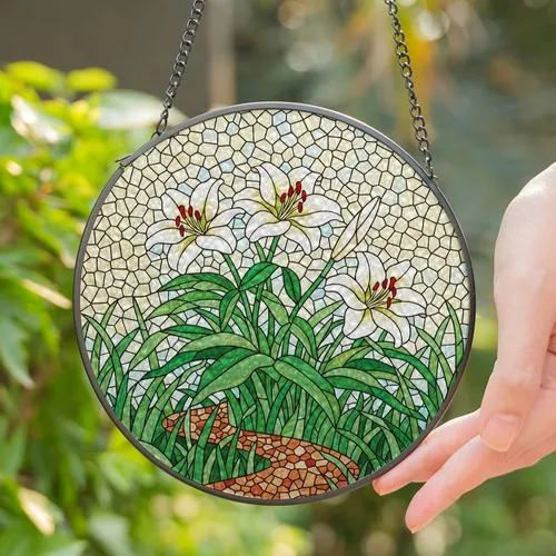 Tiffany Style Stained Glass White Lily Flowers Red Stamens Mosaic Path Garden Nature Art Stained Glass Suncatcher