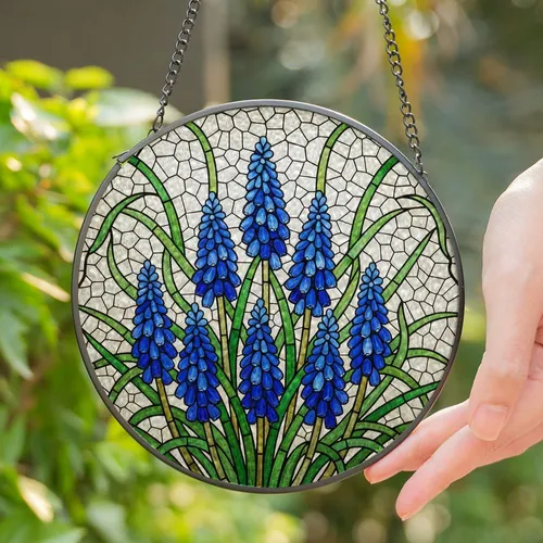 Blue Hyacinth Stained Glass Flowers, Tiffany Style Floral Mosaic Jewel Tone Home Decor Stained Glass Suncatcher