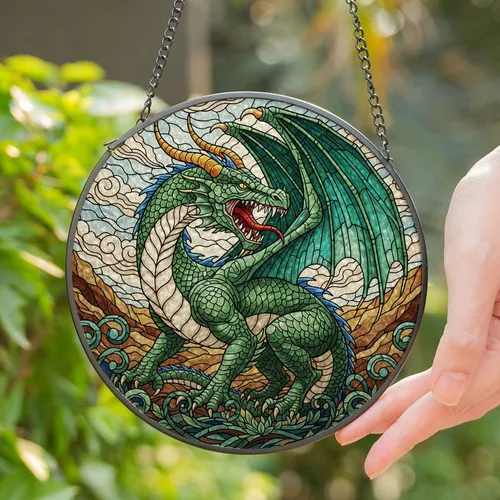 Intricate Coiled Green Dragon Stained Glass Mosaic - Fantasy Decor Gift for Dragon Fans Stained Glass Suncatcher