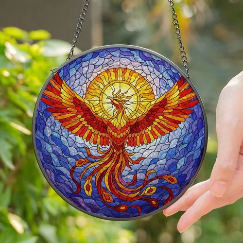 Phoenix Sun Stained Glass Tiffany Style - Fiery Feathers Swirling Cloud Mosaic Stained Glass Suncatcher
