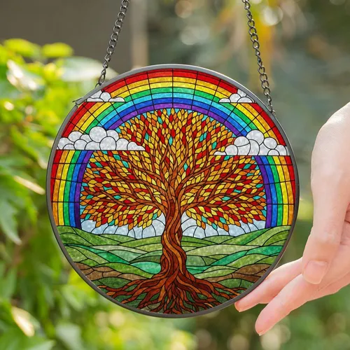 Tree of Life Rainbow Stained Glass Tiffany Art - Colorful Mosaic Home Decor Stained Glass Suncatcher