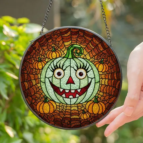 Cheerful Halloween Pumpkin Spiderweb Tiffany Stained Glass Mosaic Window Decor Stained Glass Suncatcher