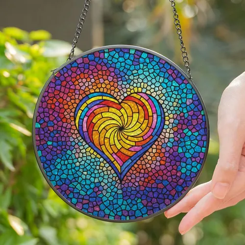 Highly Detailed Multi-Colored Stained Glass Heart Spiral Tiffany Style Geometric Mosaic Art Stained Glass Suncatcher