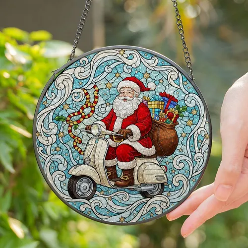Santa Claus Vespa Scooter Stained Glass Mosaic - Winter Wonderland Christmas Gift Stained Glass Suncatcher