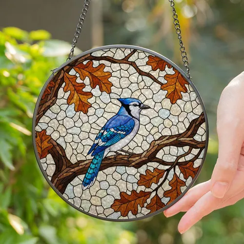 Blue Jay Stained Glass Oak Branch Autumn Leaves, Tiffany Style Mosaic Window Decor Stained Glass Suncatcher