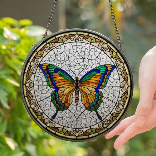 Stained Glass Butterfly Tiffany Style Mosaic - Intricate Segmented Jewel Tone Decor Gift Stained Glass Suncatcher