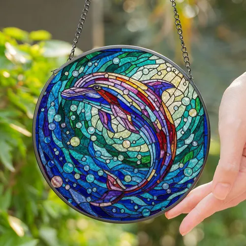 Dolphin Wildlife Stained Glass Tiffany Style - Colorful Jewel Tone Underwater Mosaic Stained Glass Suncatcher