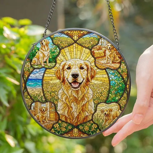 Golden Retriever Puppy Stained Glass Art, Dogs in Sunny Fields & Beaches Gift Stained Glass Suncatcher