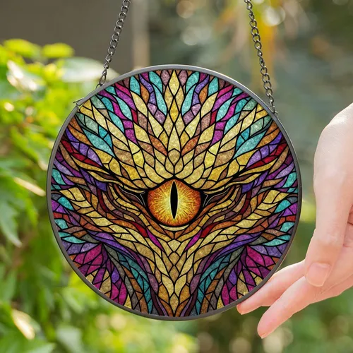 Fiery Golden Dragon Eye Stained Glass Art - Tiffany Style Jewel Tones Mosaic Scales Stained Glass Suncatcher