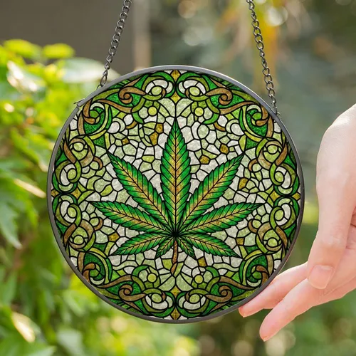 Detailed Cannabis Leaf Stained Glass Art - Tiffany Style Mosaic Green Vine Home Decor Stained Glass Suncatcher