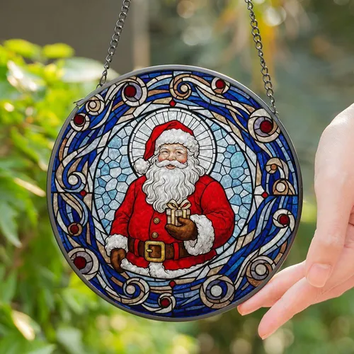 Santa Claus Christmas Stained Glass Art Gift - Glowing Jewel Tones Mosaic Design Stained Glass Suncatcher