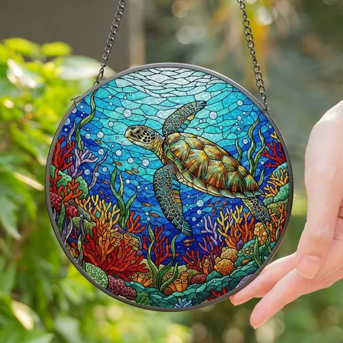 Majestic Sea Turtle Coral Reef Stained Glass - Underwater Ocean Mosaic Tiffany Jewel Tone Art Stained Glass Suncatcher