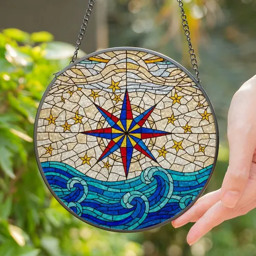 Tiffany Glass Geometric Nautical Star Compass Rose Ocean Waves Mosaic Sky Art Decor Stained Glass Suncatcher