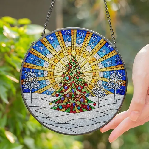 Stained Glass Christmas Tree Winter Snow Sunbeams Colorful Art Holiday Gift Home Decor Stained Glass Suncatcher