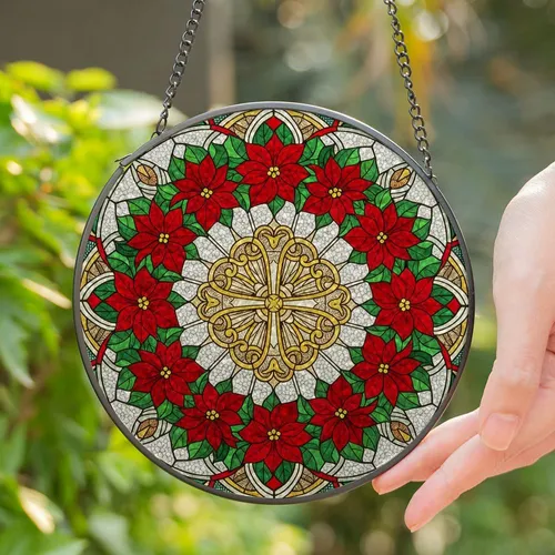 Christian Cross Poinsettia Wreath Stained Glass Mosaic - Jewel Tone Christmas Religious Decor Stained Glass Suncatcher