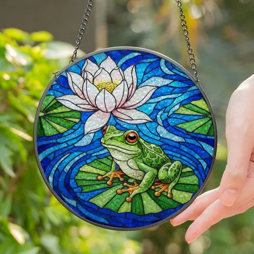 Green Tree Frog Red-Orange Eyes Lotus Flower - Stained Glass Pond Water Mosaic Stained Glass Suncatcher