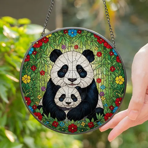 Panda Family Stained Glass Tiffany Style - Vibrant Flowers Bamboo Forest Mosaic Art Stained Glass Suncatcher