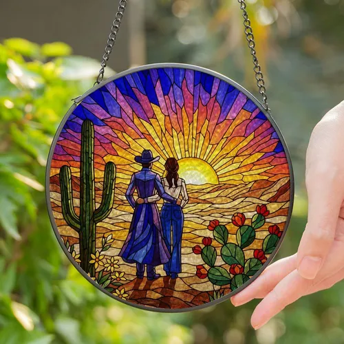 Cowboy Cowgirl Couple Desert Sunset Saguaro Prickly Pear Lone Star Stained Glass Art Stained Glass Suncatcher