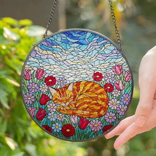 Sleeping Tabby Cat Stained Glass Art, Tiffany Style Jewel Tone Flowers & Mosaic Sky Stained Glass Suncatcher